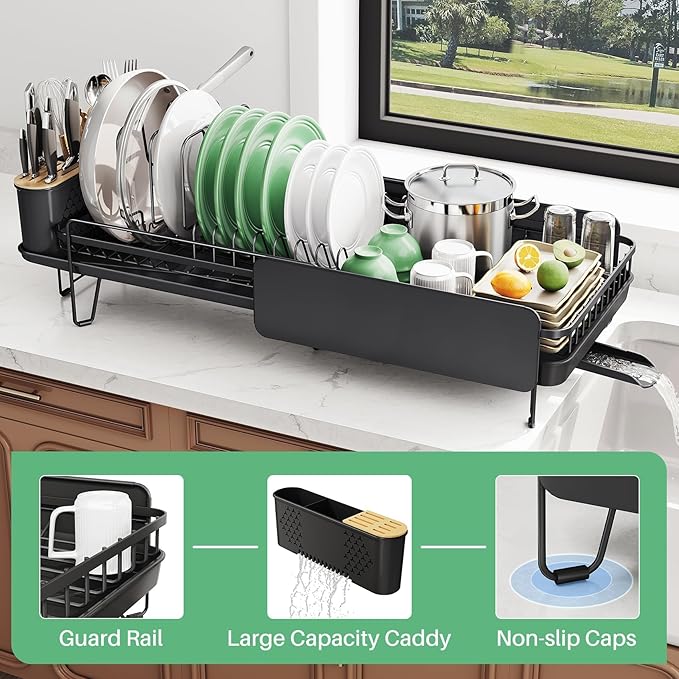 SNTD Large Dish Drying Rack - Expandable (19.3" to 29.4") Dish Rack for Kitchen Counter, Stainless Steel Dish Drainer with Utensil Holder, Pan Holder & Pot Lid Holder (Black) - Image 8