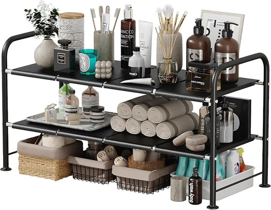NETEL Under Sink Organizers and Storage,2 Tier Shelf Under Bathroom Sink,Cabinet Organizer with 8 Removable Carbon Steel Panels，Partition Height Adjustable,(27.36-36.02)" W x 12.28" D x 16.93" H