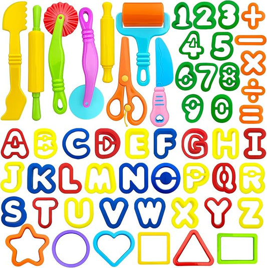 iShyan Dough Tools 55 PCS Dough Play Tools Set for Kids, Plastic Alphabet Numbers Shapes Cutters, Rollers, Scissors by iShyan