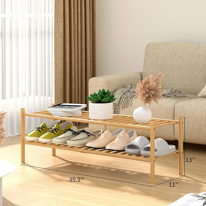 ROMGUAR CRAFT 2-Tier Bamboo Long Shoe Rack, Free Standing Wood Shoe Shelf Storage Organizer for Closet Entryway Stackable 35"x11"x13" (Natural) - Image 3
