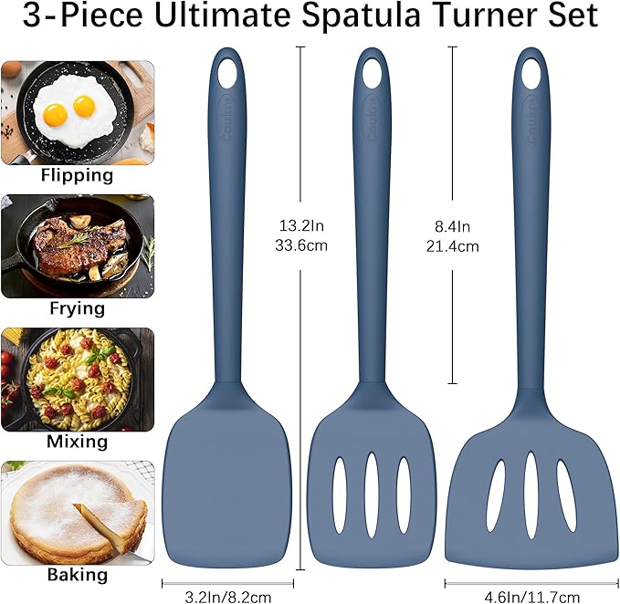 Coukre 3 Pack Silicone Spatula Set, High Heat Resistant, BPA-Free, Fish Spatula, Solid & Slotted Turner for Non-Stick Pans, Flipping Eggs, Pancakes, Fish, Burgers (3, PureDarkBlue) - Image 2