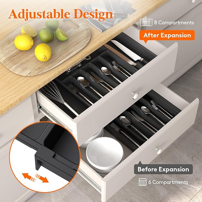 Lifewit Silverware Drawer Organizer, Expandable Utensil Tray for Kitchen, BPA Free Flatware and Cutlery Holder, Adjustable Plastic Storage for Spoons Forks Knives, 33 -57 x 42cm, Black - Image 6