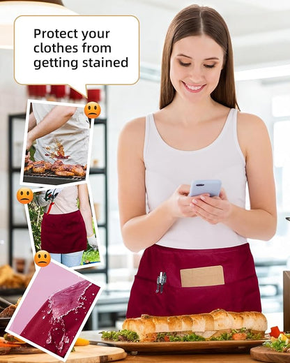 Argstar 2 Pack Server Apron with 4 Pockets, Waitress Waiter Waist WaterDrop Resistant Short Aprons