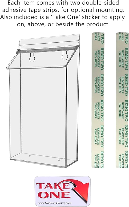 Outdoor Brochure Holder Holds 6" x 10" Booklets Wall Mount Clear with Lid Acrylic Box with Lid Includes Take One Sticker and Adhesive Strips Bifold Display Rack by Marketing Holders