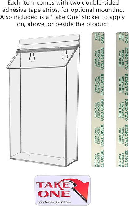 Outdoor Brochure Holder Holds 6" x 10" Booklets Wall Mount Clear with Lid Acrylic Box with Lid Includes Take One Sticker and Adhesive Strips Bifold Display Rack by Marketing Holders