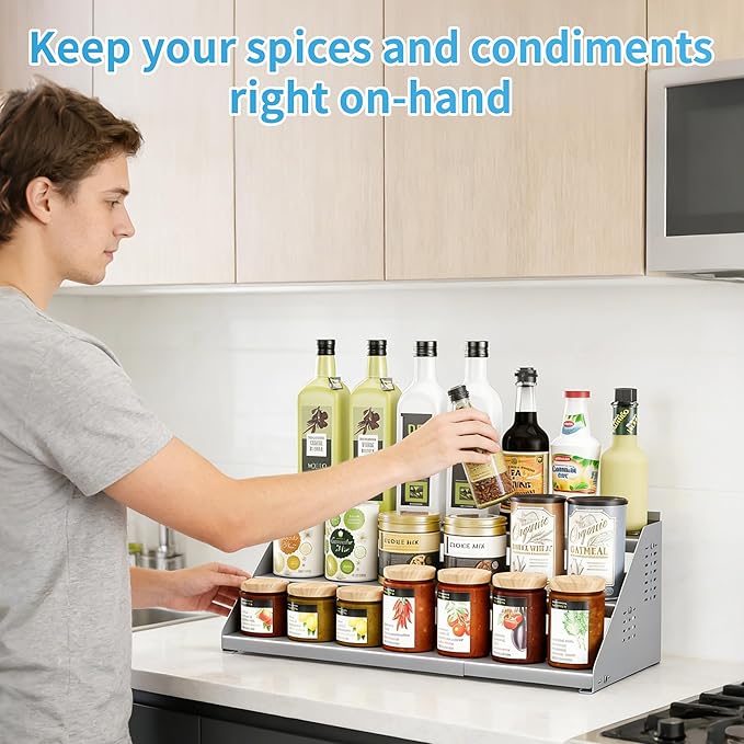 BOIVSHI Spice Rack Organizer, Metal Spice Rack Organizer for Cabinet, Countertop Spice Rack - Expandable Width, 3 Tier Spice Shelf for Cabinet, Countertop, Pantry, Cupboard, Gray