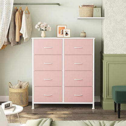 Sweetcrispy 8 Drawer Fabric Dresser for Bedroom, Tall Double Dresser Chest of Drawers with Sturdy Steel Frame and Wooden Top, Closet Living Room Storage Organizer with Easy Pull Handles,Pink