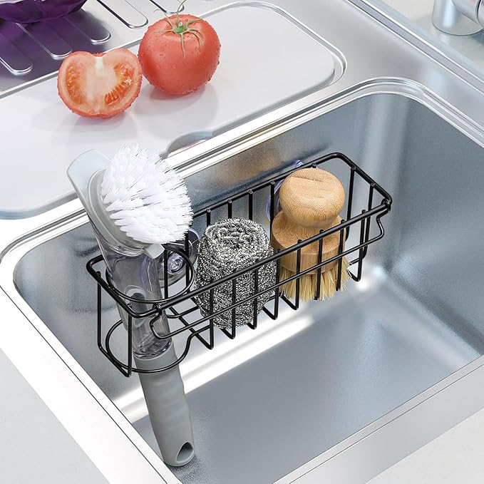 3-In-1 Sponge Holder for Kitchen Sink, 2 Type Suspension Options (Suction Cups & Adhesive Hook), Hanging Sink Caddy Organizer Rack - Sponge, Dish Cloth, Brush, Scrubber, 304 Stainless Steel - Black - Image 7