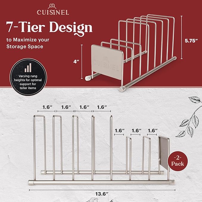 Cuisinel Lid and Dish Organizer Rack - 2-Pack Satin Nickel Kitchen Storage Organization Stand - Plate Holder, Pan/Pot Covers, Cutting Board and Cookie Sheet Divider - 7-Tier Cabinet/Counter Display - Image 4