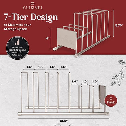 Cuisinel Lid and Dish Organizer Rack - 2-Pack Satin Nickel Kitchen Storage Organization Stand - Plate Holder, Pan/Pot Covers, Cutting Board and Cookie Sheet Divider - 7-Tier Cabinet/Counter Display - Image 4