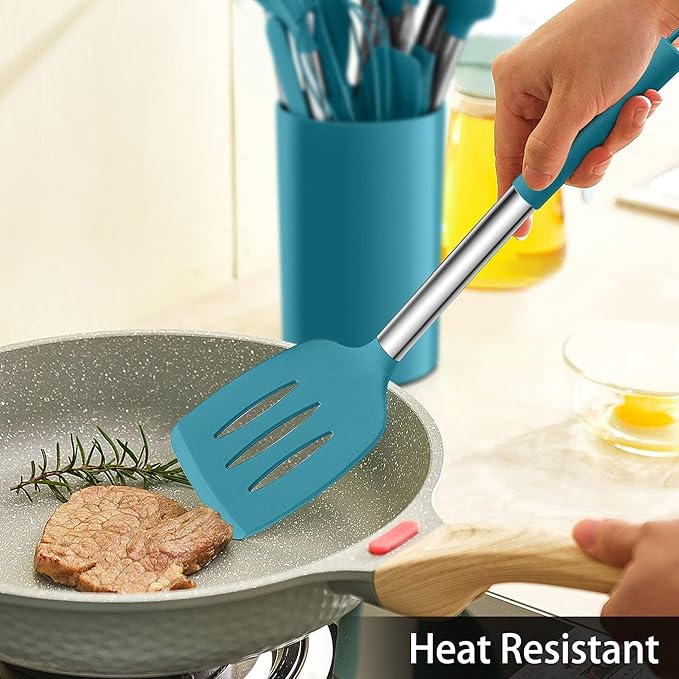 LIANYU 15-Piece Kitchen Cooking Utensils Set with Holder, Silicone Kitchen Tools Stainless Steel Handle, Slotted Spatula Spoon Turner Tong Whisk Brush for Cooking, Dark Blue - Image 5