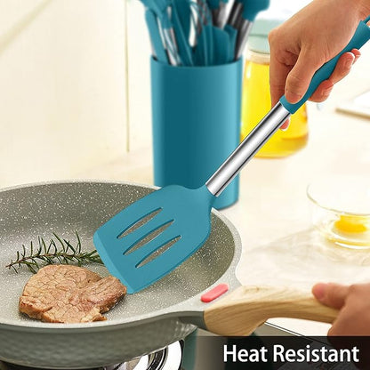 LIANYU 15-Piece Kitchen Cooking Utensils Set with Holder, Silicone Kitchen Tools Stainless Steel Handle, Slotted Spatula Spoon Turner Tong Whisk Brush for Cooking, Dark Blue - Image 5