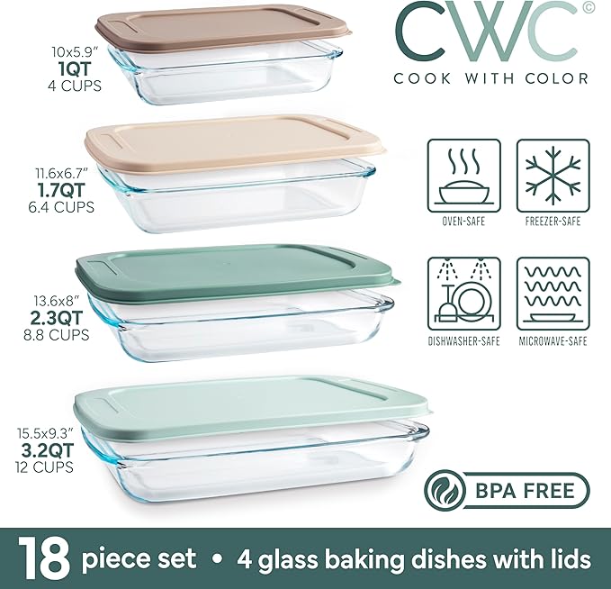 COOK WITH COLOR 8-Piece Deep Glass Baking Dish Set with Plastic Lids – Casserole and Food Storage Containers for Lasagna, Leftovers – Freezer-to-Oven, Microwave & Dishwasher Safe, Mint - Image 3