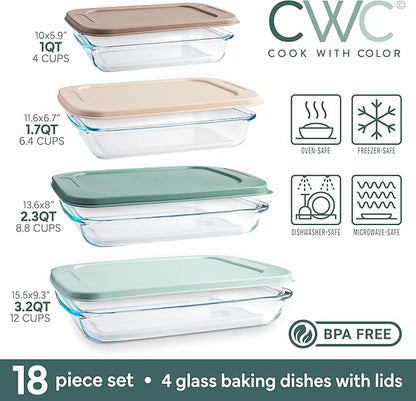 COOK WITH COLOR 8-Piece Deep Glass Baking Dish Set with Plastic Lids – Casserole and Food Storage Containers for Lasagna, Leftovers – Freezer-to-Oven, Microwave & Dishwasher Safe, Mint - Image 3