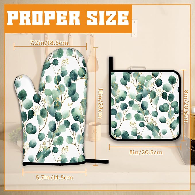 Eucalyptus Leaf Oven Mitts and Pot Holders Set,Golden Green Kitchen Decor Heat Resistant Non Slip Hot Pads and Oven Mitt for Chef Cooking Baking BBQ Mom Girl Gifts(4 Piece Set)