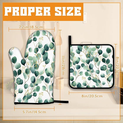 Eucalyptus Leaf Oven Mitts and Pot Holders Set,Golden Green Kitchen Decor Heat Resistant Non Slip Hot Pads and Oven Mitt for Chef Cooking Baking BBQ Mom Girl Gifts(4 Piece Set)