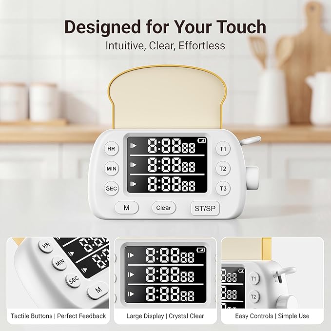 Digital Kitchen Timer for Cooking - 3-Channel Magnetic Countdown Timers with Memory Preset for Baking, Toaster, Eggs Includes Memo Notes (White)