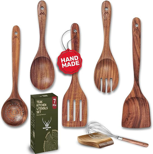 7 Pcs Teak Wooden Kitchen Utensils – Handcrafted Wooden Cooking Utensils Set with Holder, Elegant Wooden Spoons for Cooking & Timeless Utensil Set for Daily Use - Teak Utensils Set for Cooking by WOODLANDSUSA