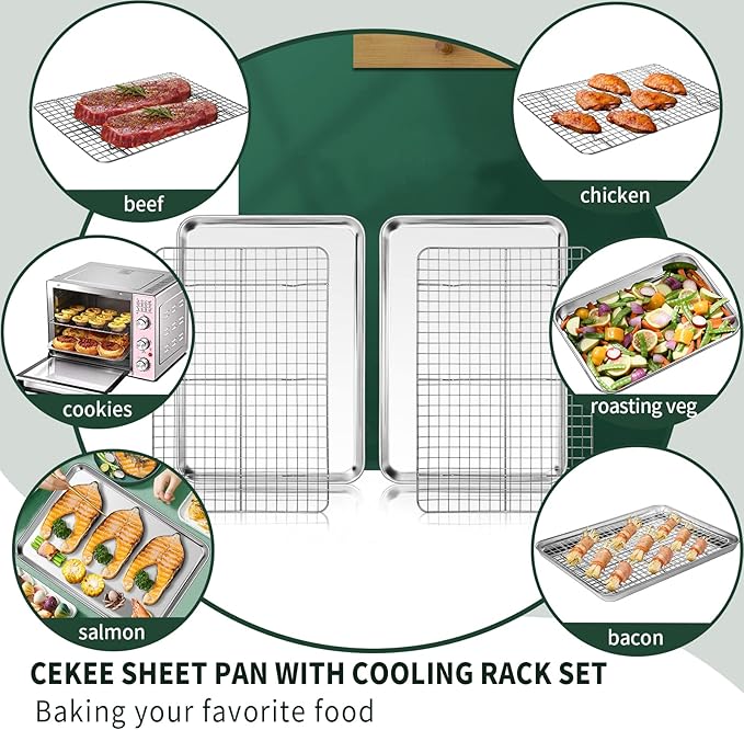Jelly Roll Pan with Cooling Rack Set [2 Baking Pans + 2 Baking Racks], CEKEE Stainless Steel Baking Sheet Tray with Wire Rack Set, Commercial Quality, Rust Proof & Nonstick, Size 15.94 x 12 x 1 Inch - Image 5