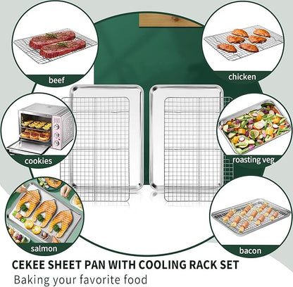 Jelly Roll Pan with Cooling Rack Set [2 Baking Pans + 2 Baking Racks], CEKEE Stainless Steel Baking Sheet Tray with Wire Rack Set, Commercial Quality, Rust Proof & Nonstick, Size 15.94 x 12 x 1 Inch - Image 5