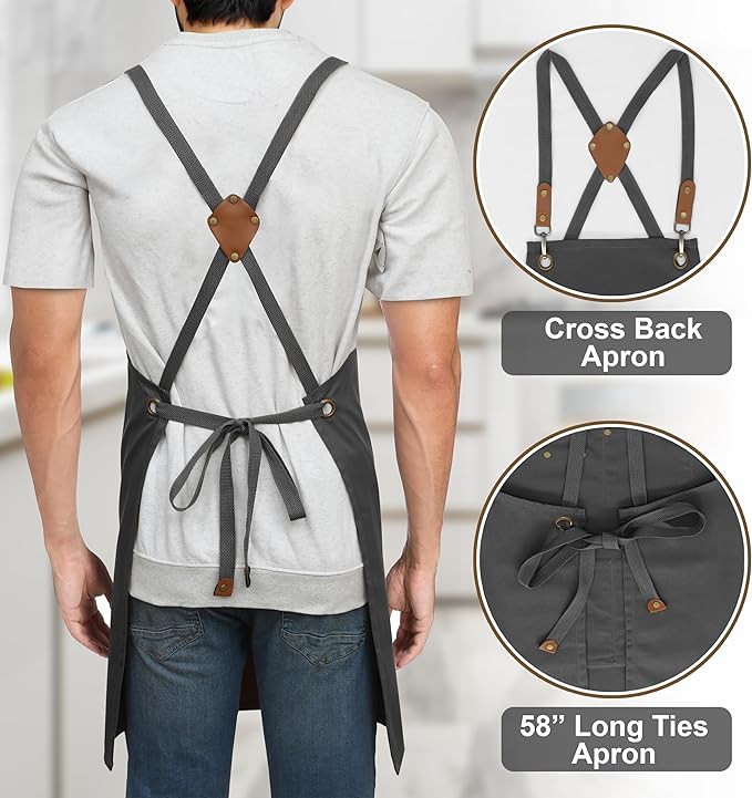 RUVANTI Work Aprons for Men, Oil & Water Repellent, PolyCotton Cross Back Aprons for Women with Pockets, Adjustable up to XXL, Chef Aprons for Cooking, Grilling, Welding, Woodworking - Grey Aprons