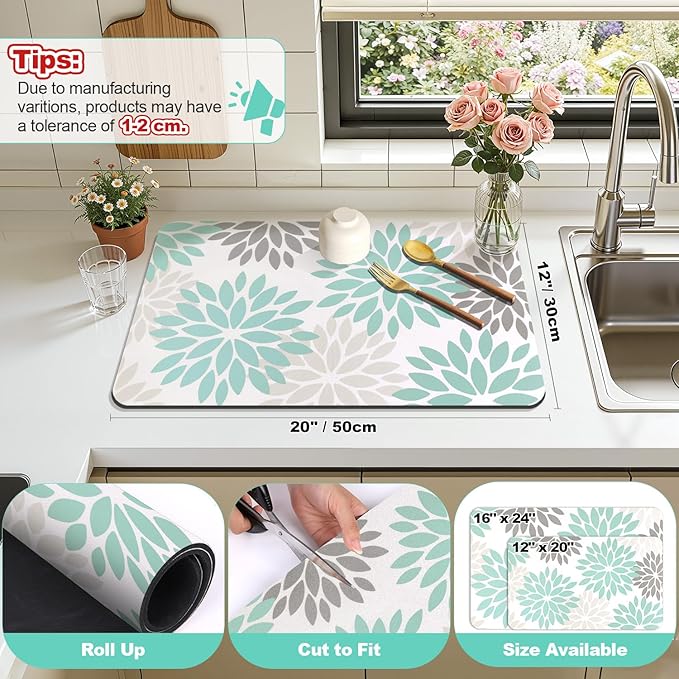 Findosom Floral Dish Drying Mat, 12" x 20" Super Absorbent & Hide Stain Coffee Mat, Cuttable Drying Mat for Kitchen Counter, Under Dish Rack, Coffee Maker, Espresso Machine, Teal