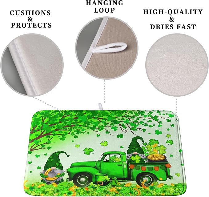 St Patrick's Day Shamrock Dish Drying Mat for Kitchen Counter Green Gnome Truck Dish Dry Mat St Patrick Spring Drying Mats Microfiber Absorbent Dish Drainer Rack Mat Large 18x24 Inch - Image 3