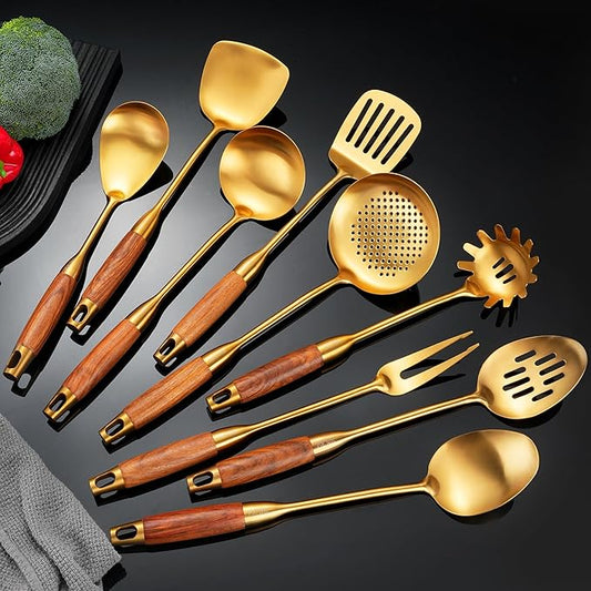 Gold Kitchen Utensils Set, 9 PCS Stainless Steel Cooking Utensils with Wood Handle, Solid and Slotted Spoon, Fork, Spatula, Ladle, Skimmer, Slotted Tunner, Spaghetti and Large Spoon by NIITAWH
