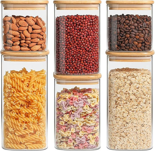 ComSaf Airtight Glass Storage Canister with Lids (0.7Qt/1.2Qt/1.6Qt) Set of 6, Food Storage Container Kitchen Pantry Storage Jar, Glass Jars for Flour Cereal Sugar Tea Coffee Beans Snacks, Square by ComSaf