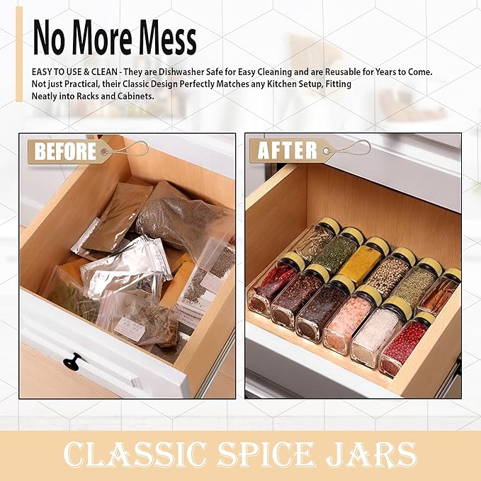 Glass Spice Jars with Bamboo Airtight Lids - (6 Pack) - 4 oz Square Spice Bottles with Shaker Lids - Clear Empty Shaker Seasoning Jars with Preprinted Spice Jars Labels and Collapsible Funnel Included - Image 2