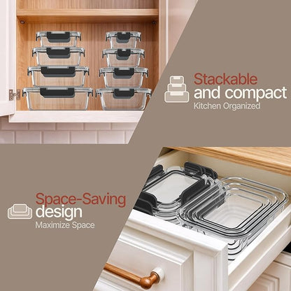 Bakken Borosilicate Glass Food Storage Containers with Lids 24 Pieces, BPA-Free Stackable Lunch & Leftover Containers, Microwave, Freezer & Dishwasher Safe, 100% Airtight Leak-Proof, Black