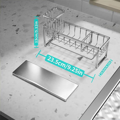 HapiRm Sponge Holder for Kitchen Sink - Self-draining Sink Caddy with Brush and Dishcloth Holders with Sloping Drainage - Silver - Image 6