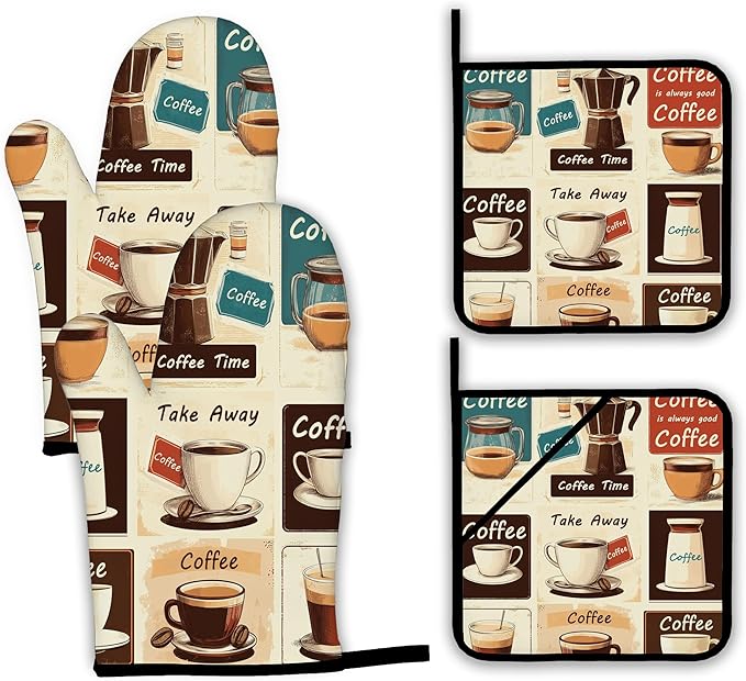 Vintage Coffee Oven Mitts and Pot Holders,Heat Resistant Oven Mitts Gloves and Pot Holder for Home Kitchen Decorations Cooking Baking BBQ Gifts,Set of 4