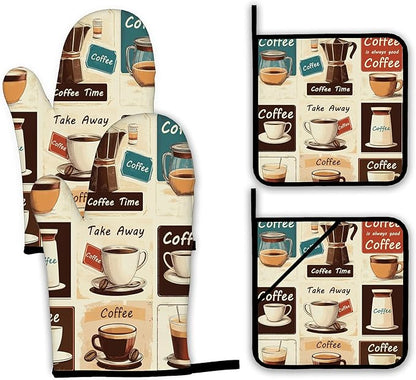 Vintage Coffee Oven Mitts and Pot Holders,Heat Resistant Oven Mitts Gloves and Pot Holder for Home Kitchen Decorations Cooking Baking BBQ Gifts,Set of 4