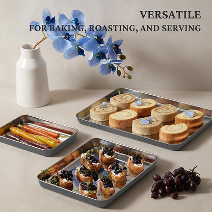 BRONYPRO Stainless Steel Baking Sheet Pan Set of 3, Cookie Sheets 9/12/16 In, Non-Toxic Uncoated Interior (PFOA & PTFE Free), Solid Warp-Resistant Cooking Trays for Oven & Toaster, Gray Exterior - Image 4
