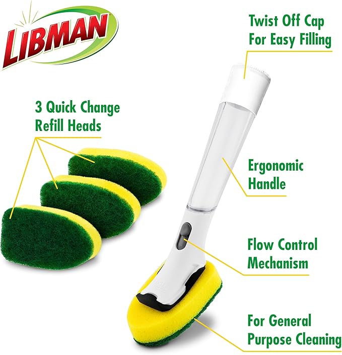 Libman Dishmatic I-Stand Dish Wand Kit, Kitchen Cleaning Scrub Brush with Handle and Soap Dispenser for Scrubbing and Washing Dishes, Refillable Standing Dispensing Scrubber Brushes, 3 Sponge Refills - Image 4