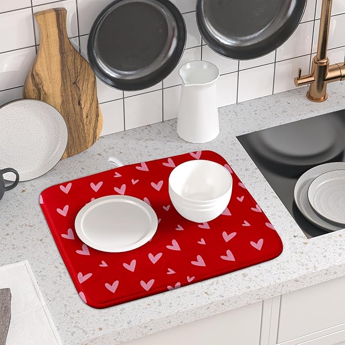 Valentines Dish Drying Mat for Kitchen Counter 16x18 Inch Valentine's Day Red Pink Love Heart Print Absorbent Reversible Microfiber Drying Mats Kitchen Countertop Protector Dishes Drainer Rack Pad - Image 6