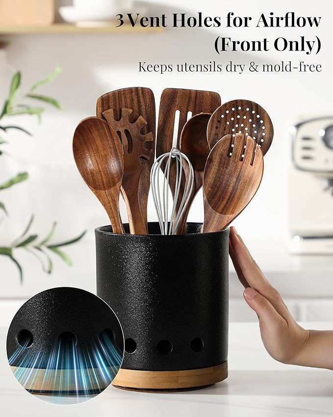 LoeJan 360° Rotating Ceramic Utensil Holder for Kitchen Countertop – Cooking Utensil Crock Organizer with Non-Slip Cork Base for Farmhouse Kitchen Decor, Textured Black - Image 3