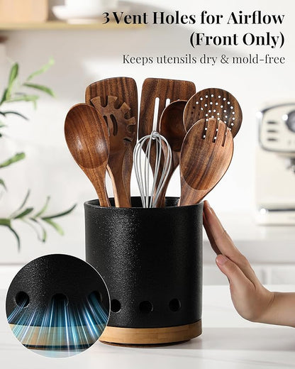 LoeJan 360° Rotating Ceramic Utensil Holder for Kitchen Countertop – Cooking Utensil Crock Organizer with Non-Slip Cork Base for Farmhouse Kitchen Decor, Textured Black - Image 3