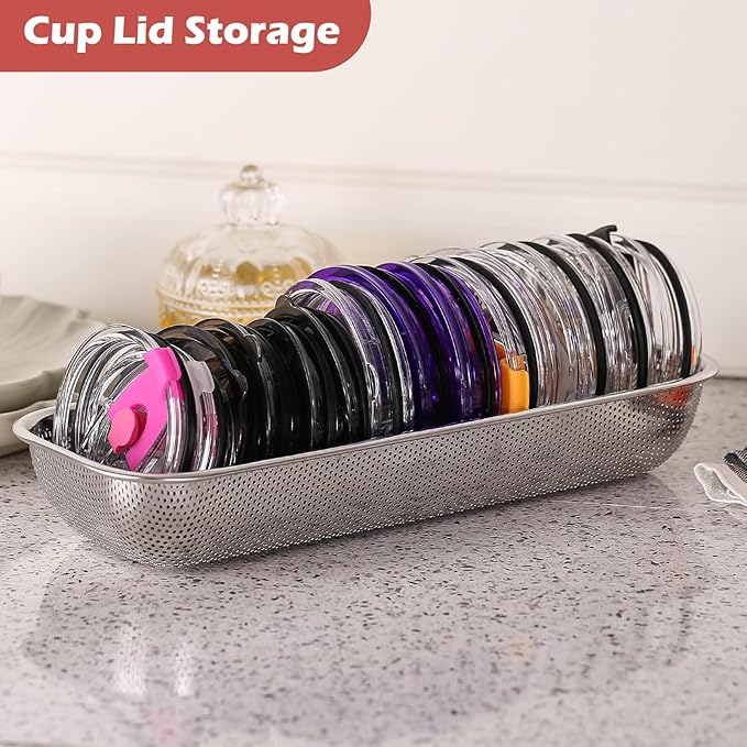 2Pack Stainless Steel Tumbler Cup Lid Organizer Inside Cabinet, Mason Jar Lid Holder, Rectangular Basket for Storage of Silverware, Chopsticks, straws and Utensils - Image 2