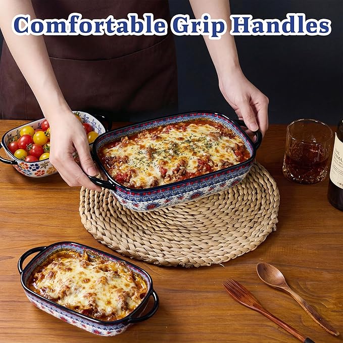 Ceramic Casserole Dishes for Oven, Hand-painted Polish Pottery Baking Dish Set of 2, 0.8QT / 2QT Porcelain Casserole Dishes with Handles, Baking Pan Lasagna Pan, Gift for Family/Friend (Blue) - Image 3