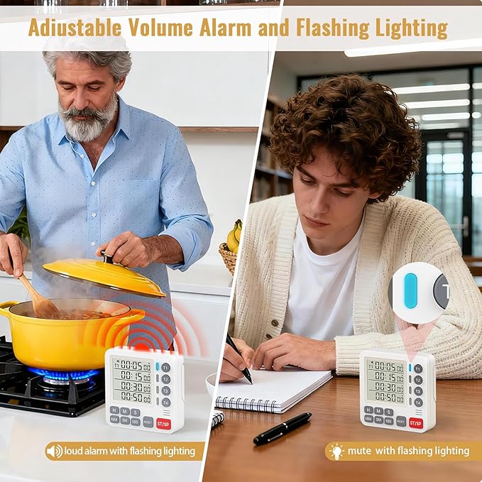 Digital Dual Kitchen Timer, 4 Channels Independent Countdown Timer, Large Display, On/Off, Loud Volume Alarm and Flashing Light with Magnetic Back, Stand, Battery Included (White) - Image 3