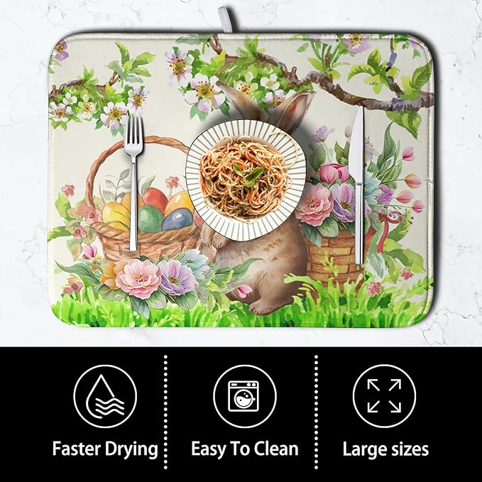 Easter Egg Bunny Dish Drying Mat for Kitchen Counter Floral Flower Basket Drying Mats Absorbent Dish Pad Spring Summer Holiday Medium Dish Draining Mat 18x24 inch - Image 4