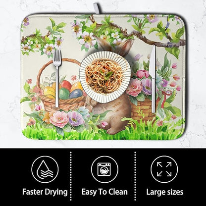 Easter Egg Bunny Dish Drying Mat for Kitchen Counter Floral Flower Basket Drying Mats Absorbent Dish Pad Spring Summer Holiday Medium Dish Draining Mat 18x24 inch - Image 4