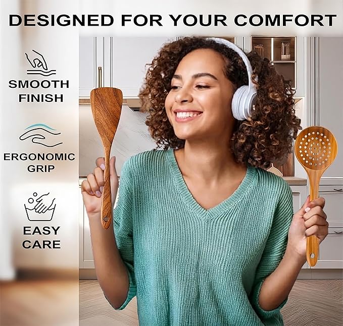 Extra-Large 4-Piece Teak Wooden Utensil Set – Non-Stick Wooden Spatula for Cooking, Skimmer Spoon & Spaghetti Spoon – Non Toxic Cooking Utensils - Image 5