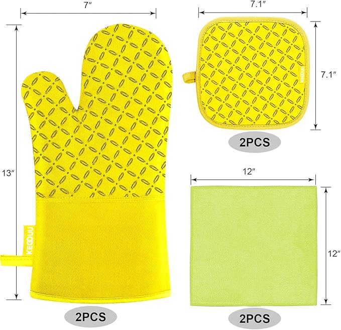 KEGOUU Oven Mitts and Pot Holders 6pcs Set, Kitchen Oven Glove High Heat Resistant 500 Degree Extra Long Oven Mitts and Potholder with Non-Slip Silicone Surface for Cooking (Yellow) - Image 2