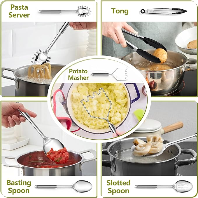 E-far Cooking Utensils Set, 10-Piece Stainless Steel Kitchen Utensils with Holder, Metal Heat Resistant Kitchen Cookware Tool Spatula Set for Cooking, Easy Clean & Dishwasher Safe - Image 4