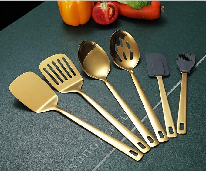 Gold Cooking Spoons, Berglander 6 Pieces Spatula Set Stainless Steel, Metal Spatula, Serving Spoon, Kitchen Tools Set Non-Stick And Heat Resistant, Dishwasher Safe, Easy to Clean (6 Packs) - Image 3
