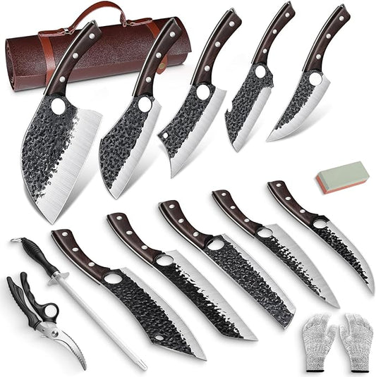 DRGSKL Serbian Chef Knife Set - 10 PCS Hand Forged Butcher Knife Set with Bag - High Carbon Steel Kitchen Knives - Meat Cleaver Viking Boning Knives for Brisket Trimming - Gifts for Mom by ProfessionalKitchenKnife