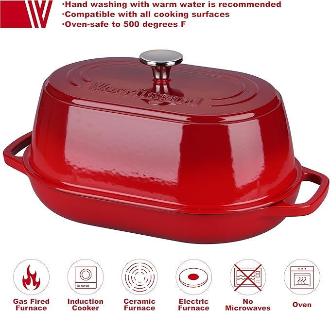 VORRINGARD Enameled Cast Iron Dutch Oven Pot with Dome Lid, Oval Bread Oven for Homemade Sourdough Bread Baking, Oven Safe up to 500°F, 6 Quart, Red